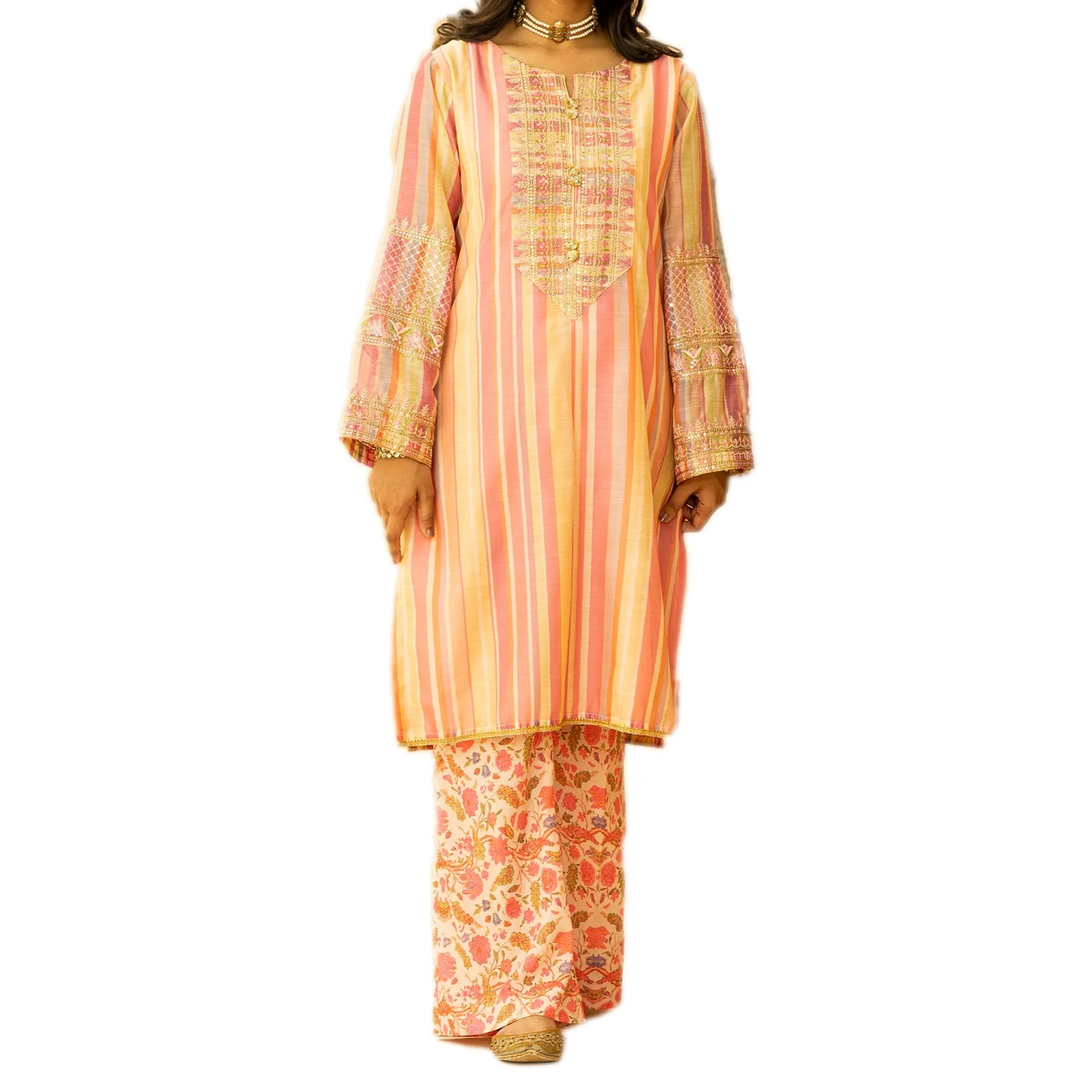 2PC- Embroidered Paper Cotton Shirt With Printed Trouser PS3108