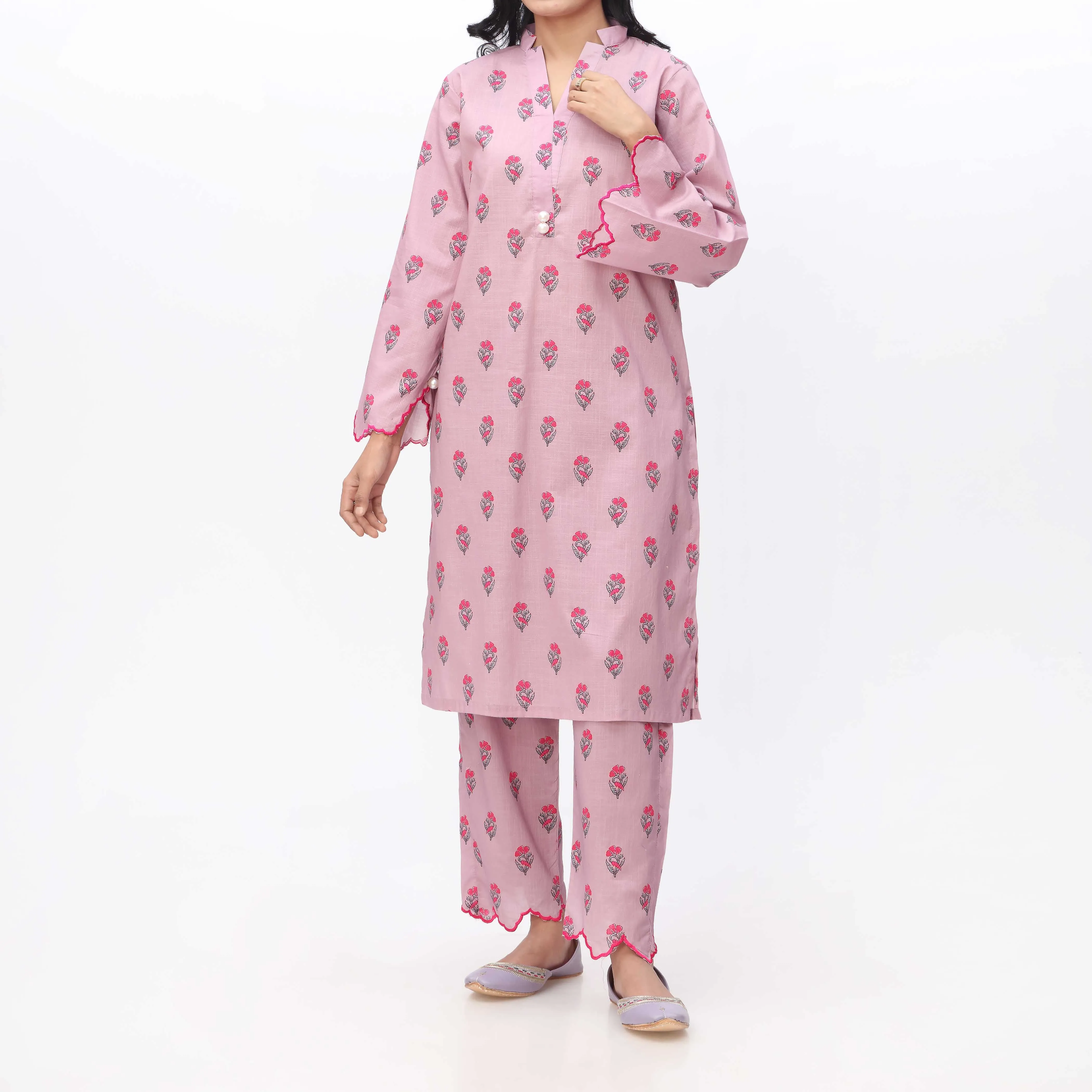 2PC- Printed & Embroidered Cambric Shirt With Trouser PS3344