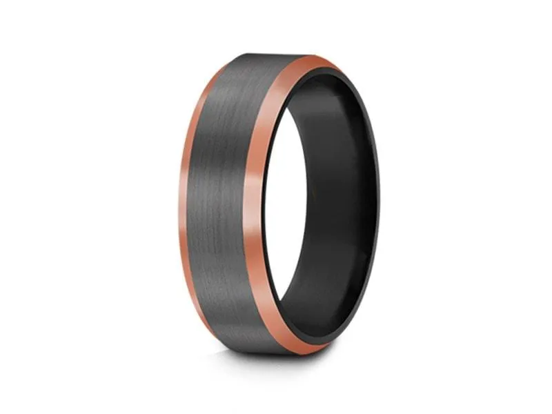 6MM Brushed GRAY GUNMETAL Tungsten Wedding Band ROSE GOLD EDGES AND BLACK INTERIOR