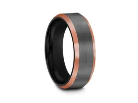 6MM Brushed GRAY GUNMETAL Tungsten Wedding Band ROSE GOLD EDGES AND BLACK INTERIOR