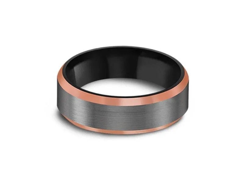 6MM Brushed GRAY GUNMETAL Tungsten Wedding Band ROSE GOLD EDGES AND BLACK INTERIOR