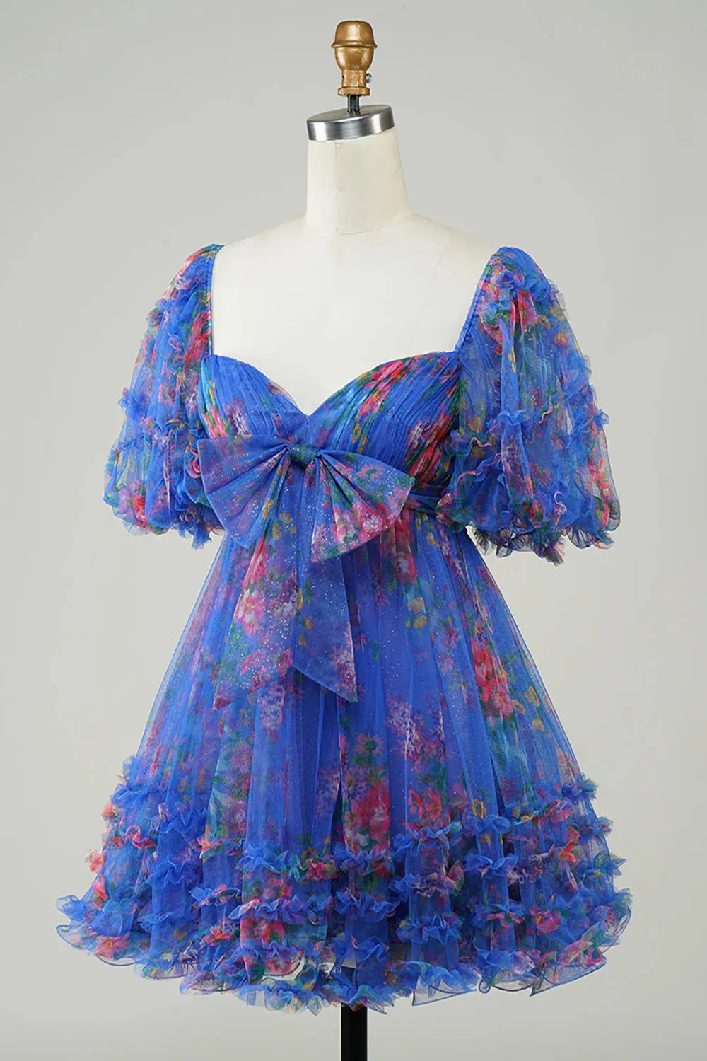 A-Line Princess Floral Printed Puff Sleeves Tulle Homecoming Dress