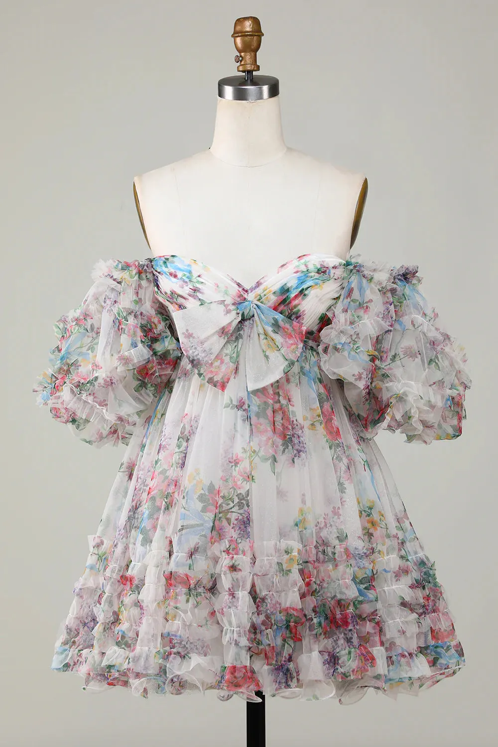 A-Line Princess Floral Printed Puff Sleeves Tulle Homecoming Dress