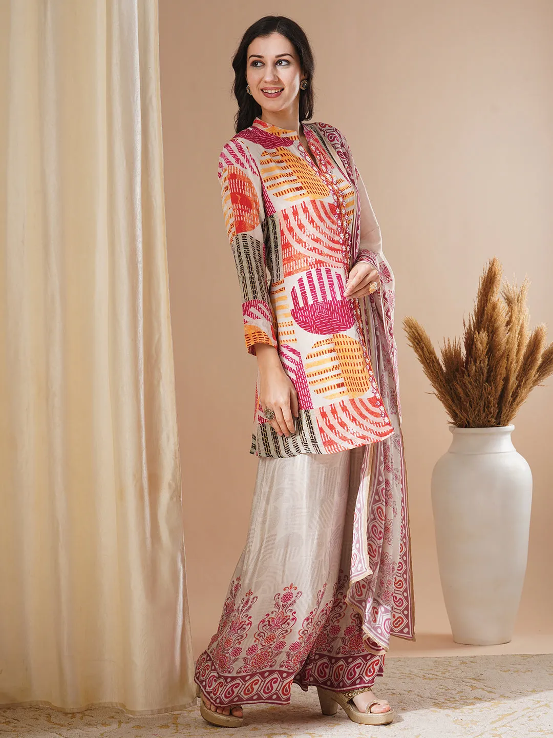 Abstract Geometric Printed & Hand Embroidered Kurta with Palazzo and Dupatta - Multi