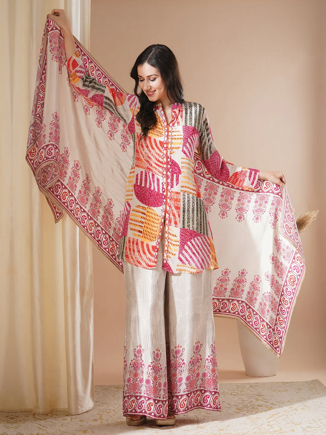 Abstract Geometric Printed & Hand Embroidered Kurta with Palazzo and Dupatta - Multi