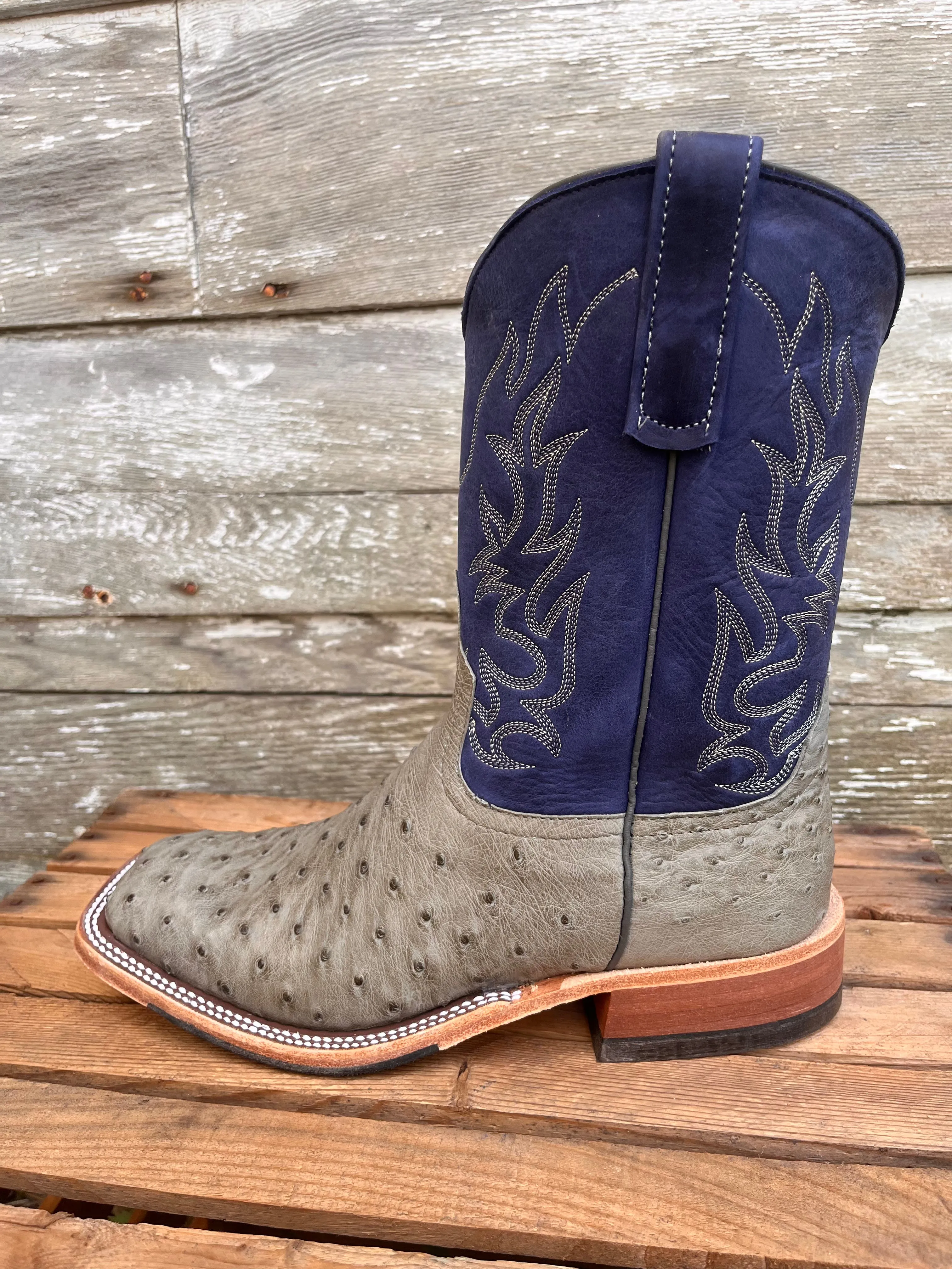 Anderson Bean Men's 10" Mouse Bruciato Ostrich & Royal Blue Wyoming Square Toe Cowboy Boots 339589