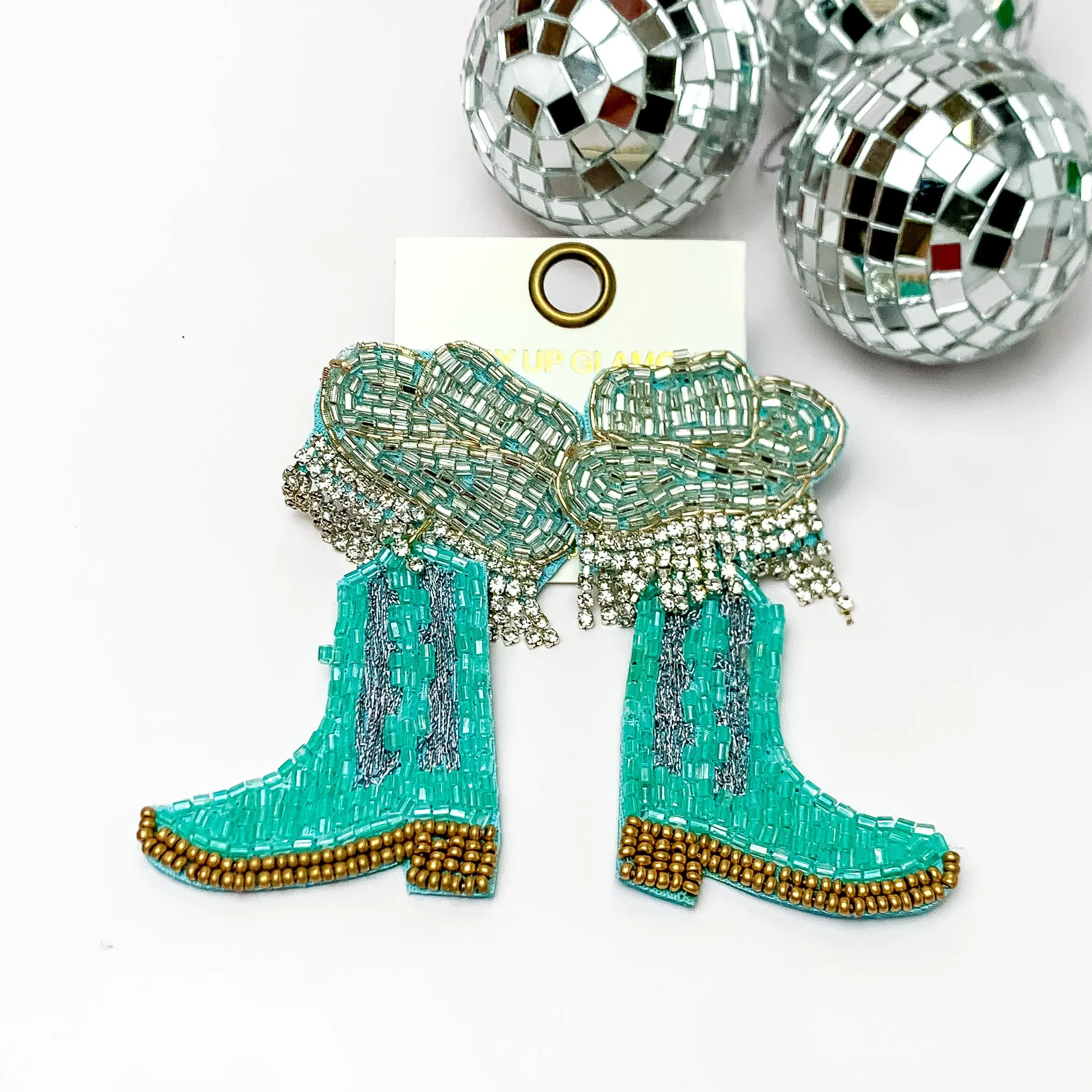 Beaded Cowboy Hat and Boot Earrings with Clear Crystal Fringe in Turquoise Blue