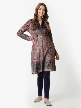 Beige Printed Velvet Straight Kurta with Neck Embellishment