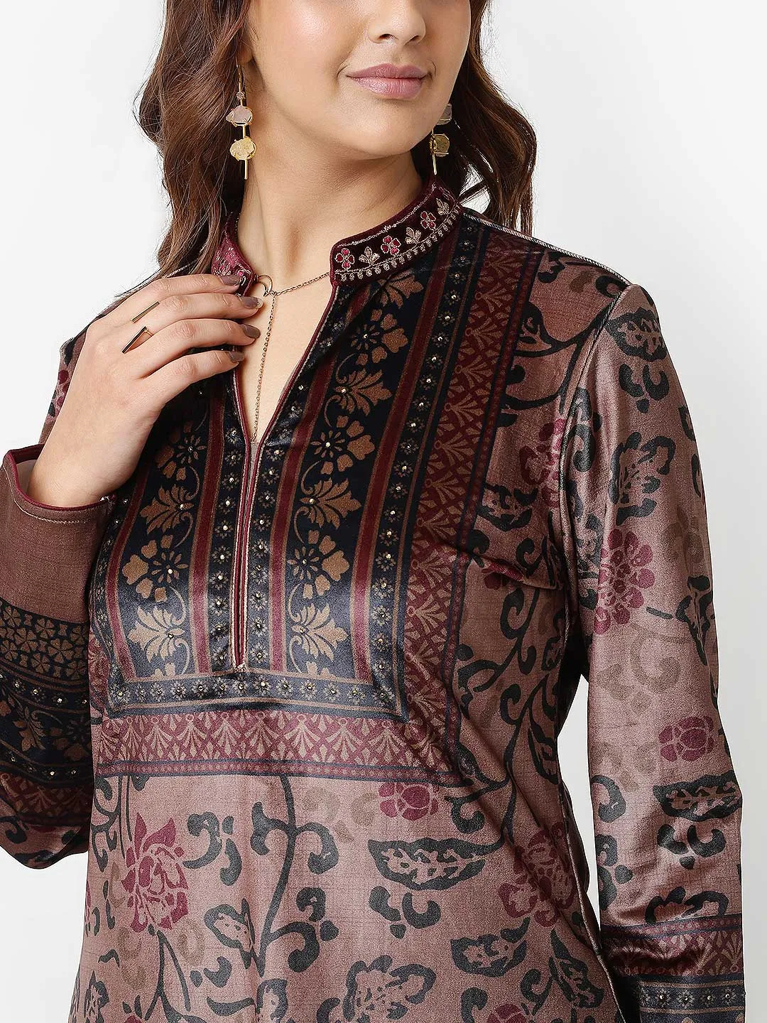 Beige Printed Velvet Straight Kurta with Neck Embellishment