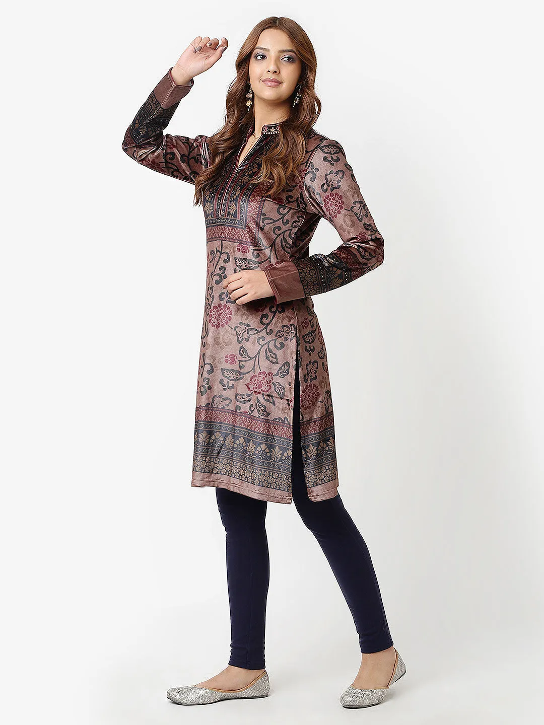 Beige Printed Velvet Straight Kurta with Neck Embellishment