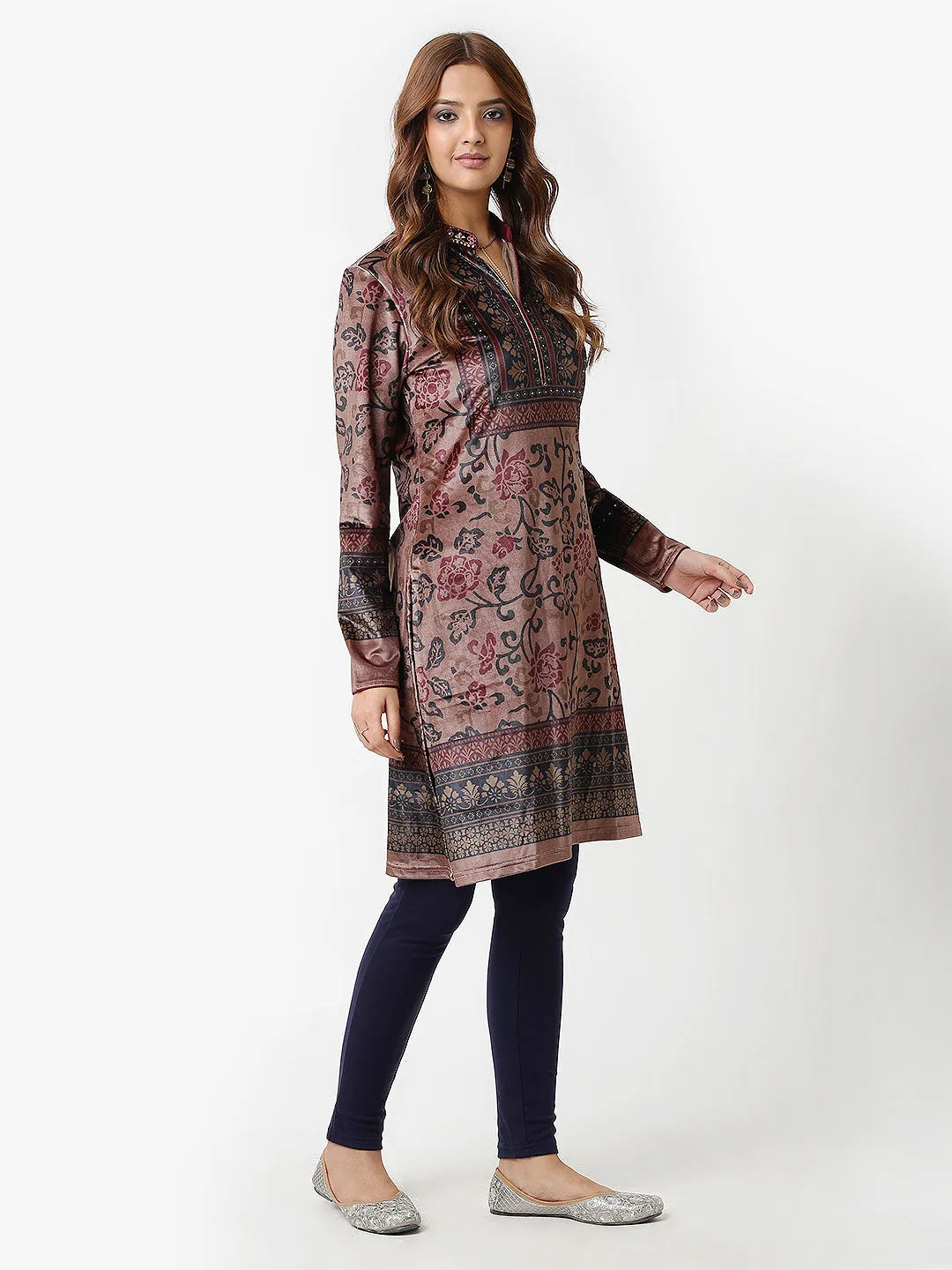 Beige Printed Velvet Straight Kurta with Neck Embellishment