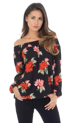 Black Floral Bardot Top