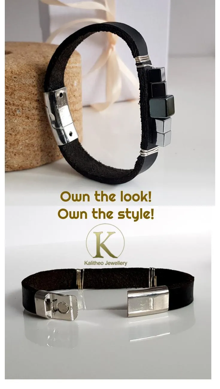 Black Leather Band with Haematite wrapped Mens Bracelet | KJ-287B | Unisex Jewellery