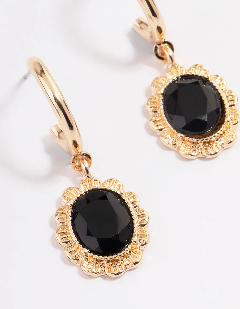 Black Miligrain Stone Huggie Drop Earrings