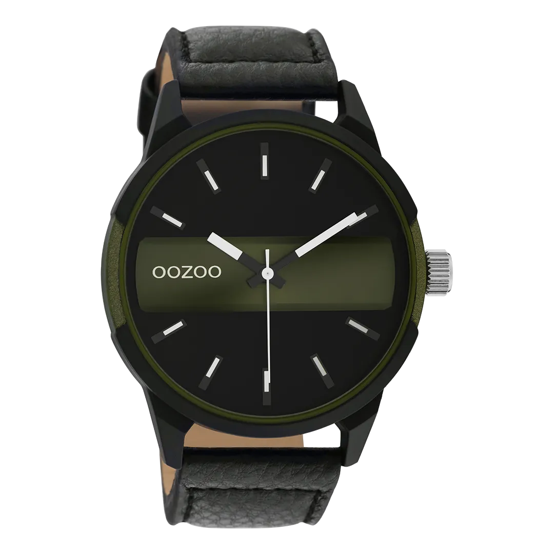 Black/dark green OOZOO watch with black leather strap - C11002