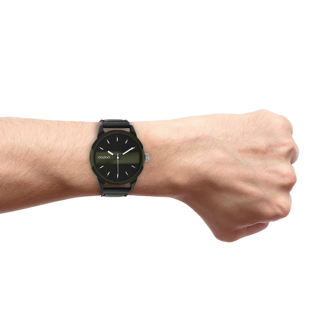 Black/dark green OOZOO watch with black leather strap - C11002