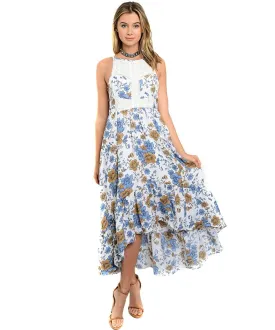 Blue Floral & Crochet Open Back Hi-Lo Maxi Dress