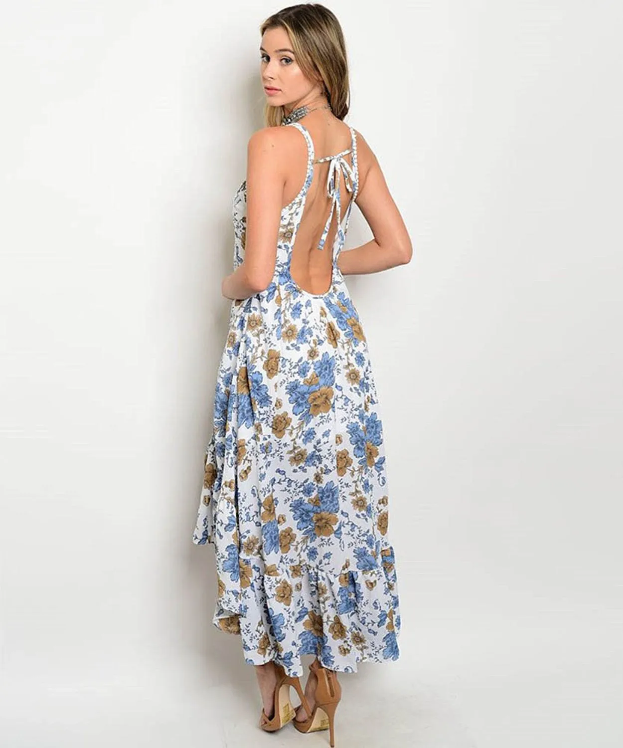 Blue Floral & Crochet Open Back Hi-Lo Maxi Dress