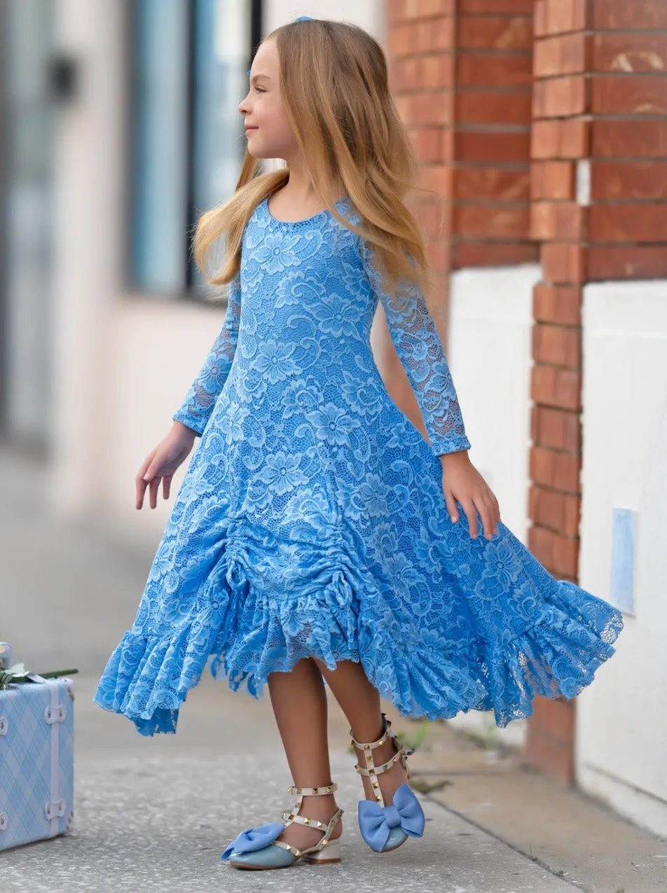 Blue Hi-Lo Drawstring Lace Ruffle Dress