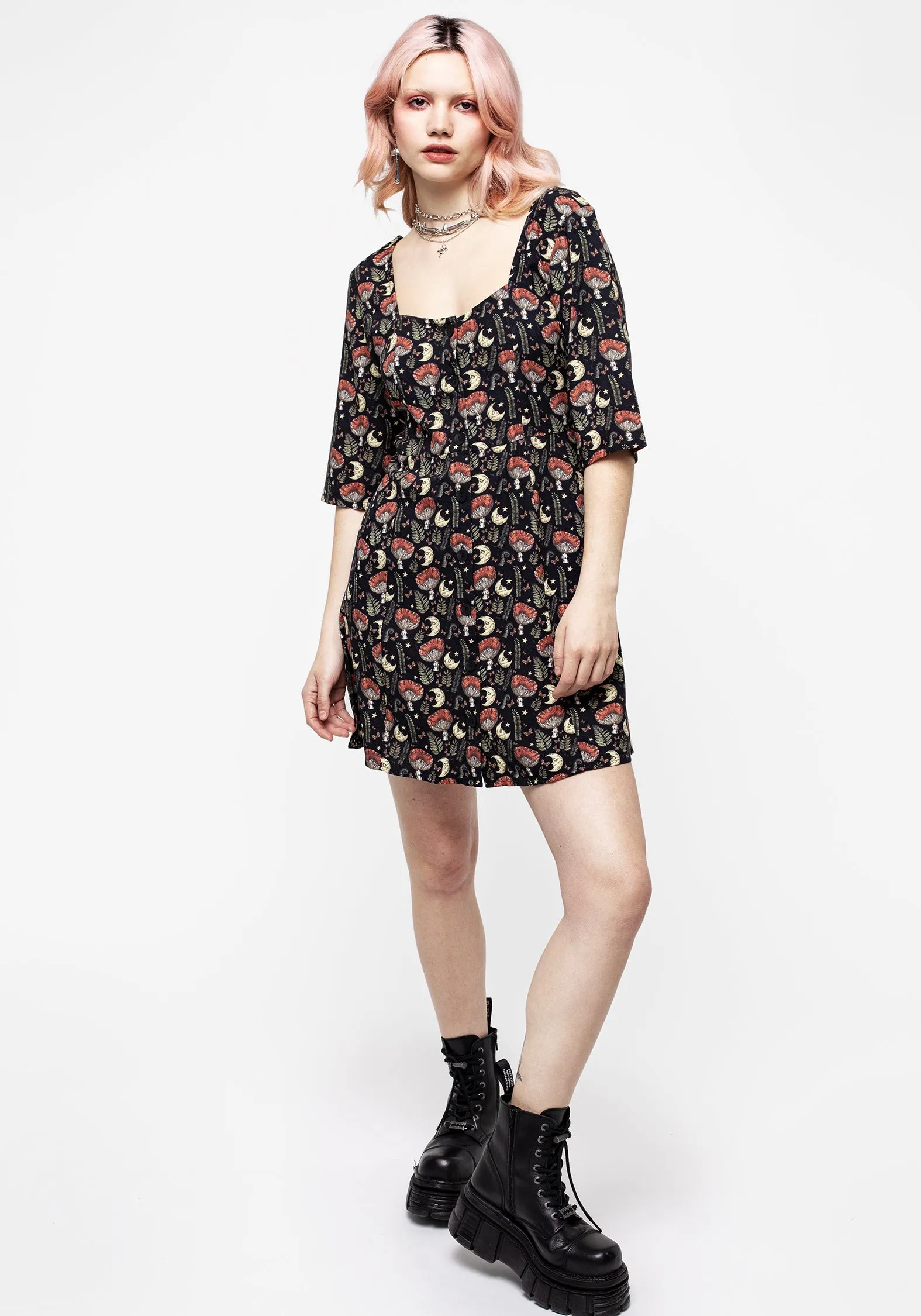 Dreamfast Mushroom Moon Print Mini Dress