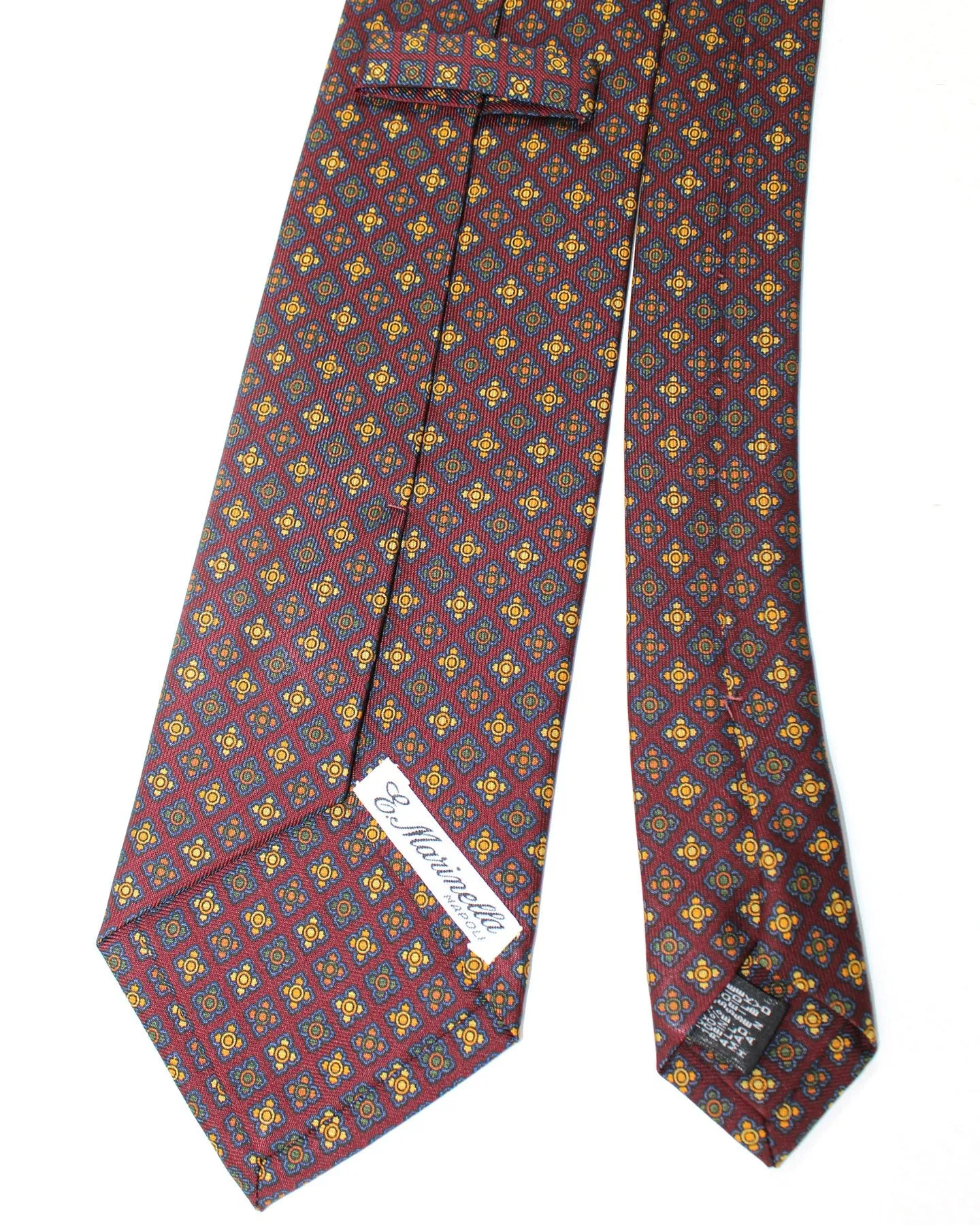 E. Marinella Silk Tie Maroon Green Navy Geometric Mini Flowers