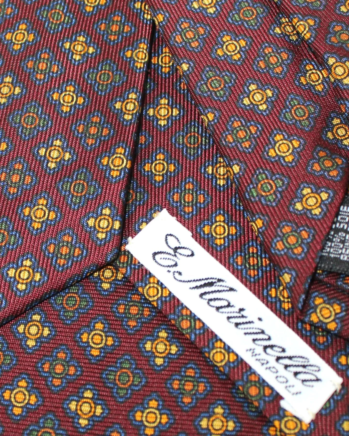 E. Marinella Silk Tie Maroon Green Navy Geometric Mini Flowers