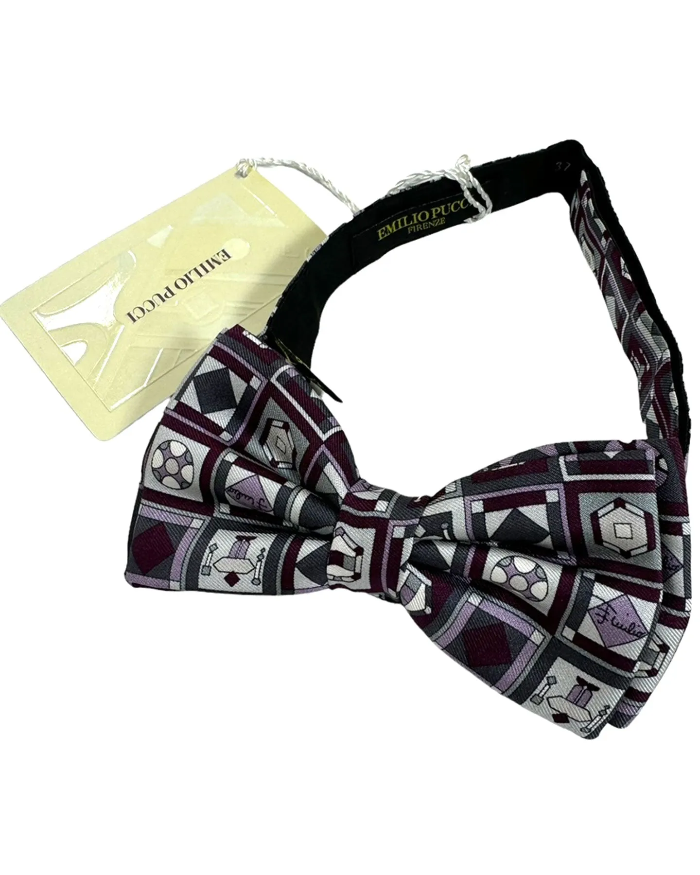 Emilio Pucci Bow Tie Black Purple Geometric Design Pre-Tied Designer Bowtie