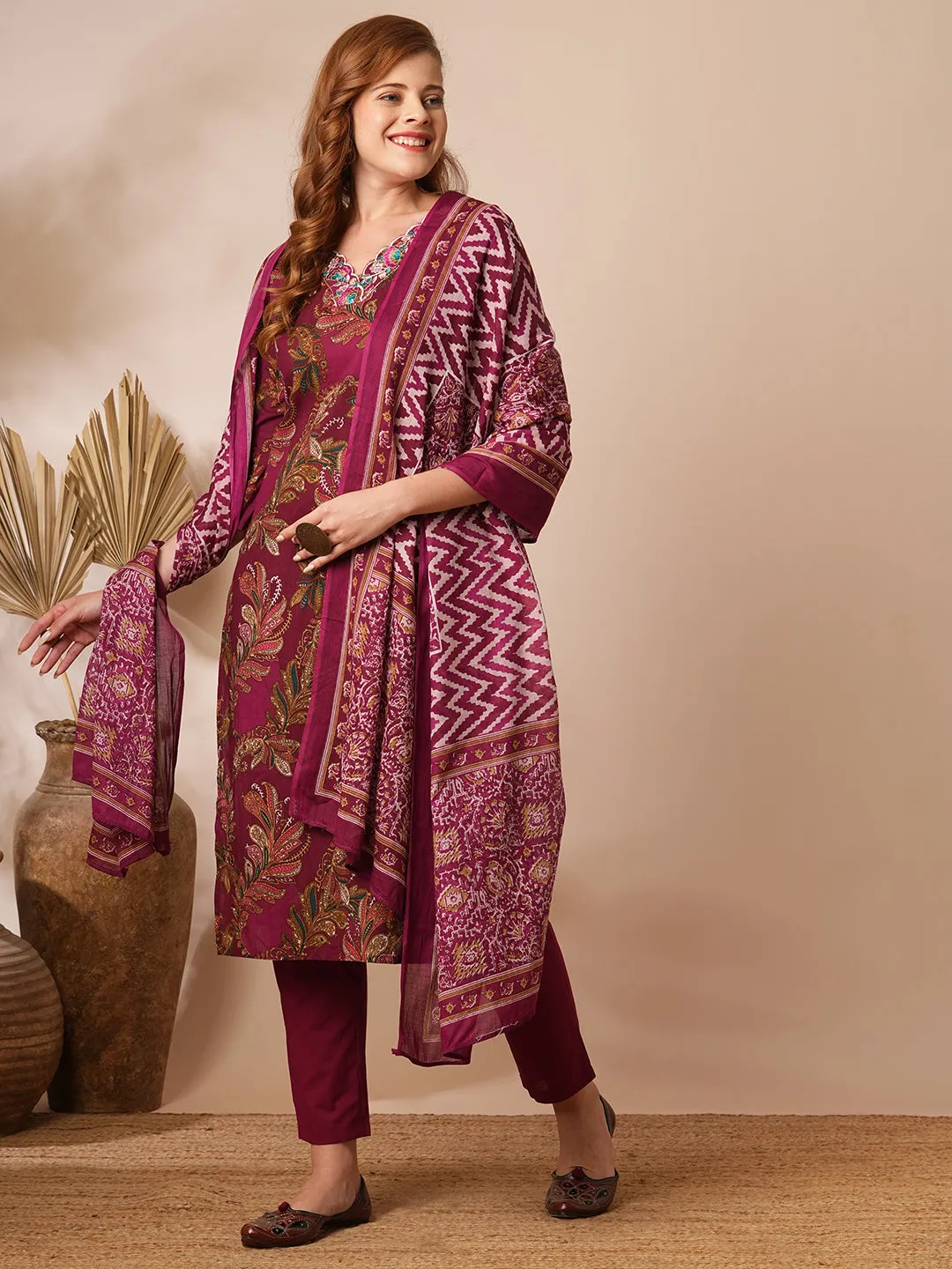 Ethnic Floral Printed & Embroidered Straight Fit Kurta with Pant & Dupatta - Burgundy