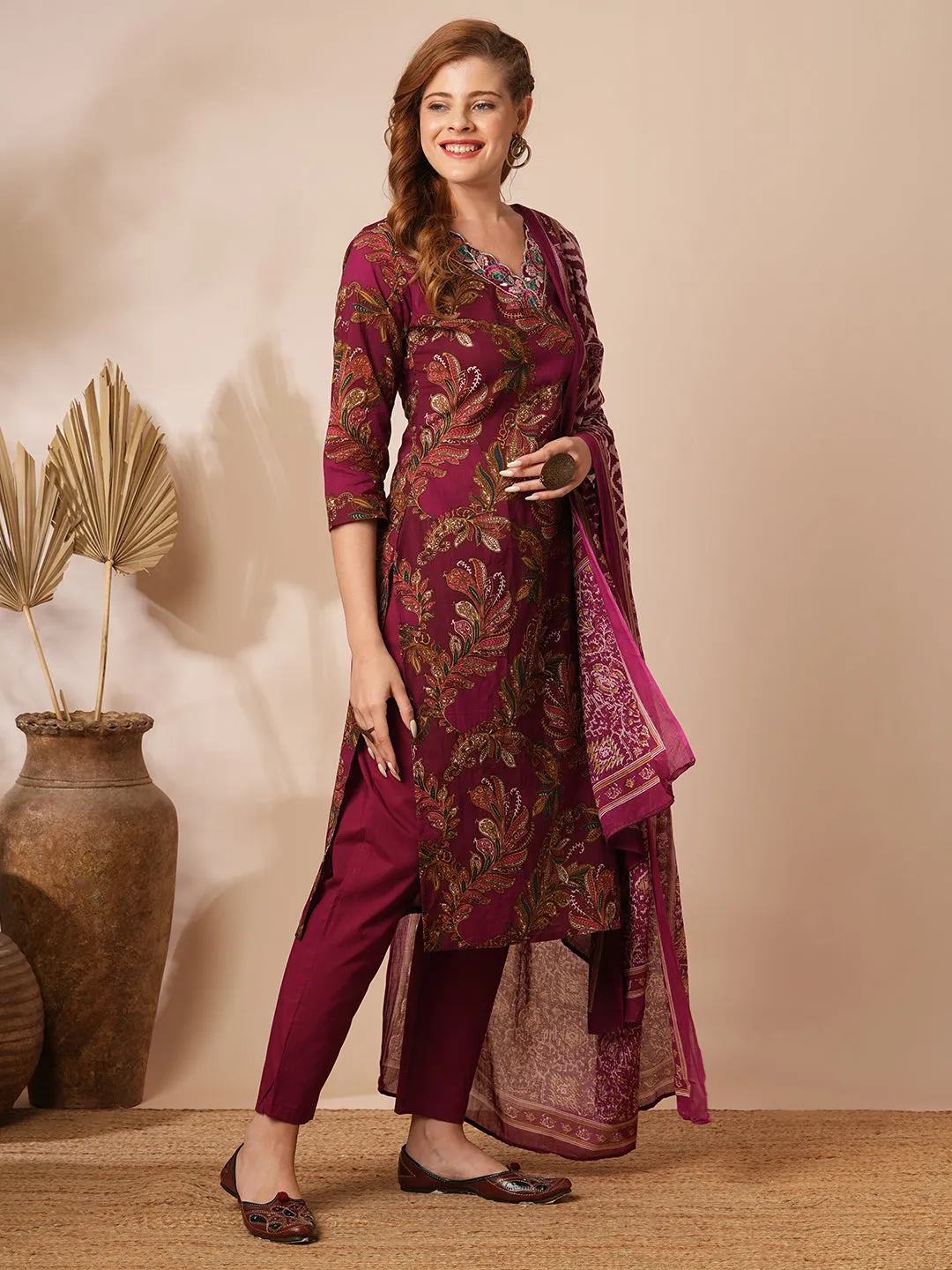 Ethnic Floral Printed & Embroidered Straight Fit Kurta with Pant & Dupatta - Burgundy