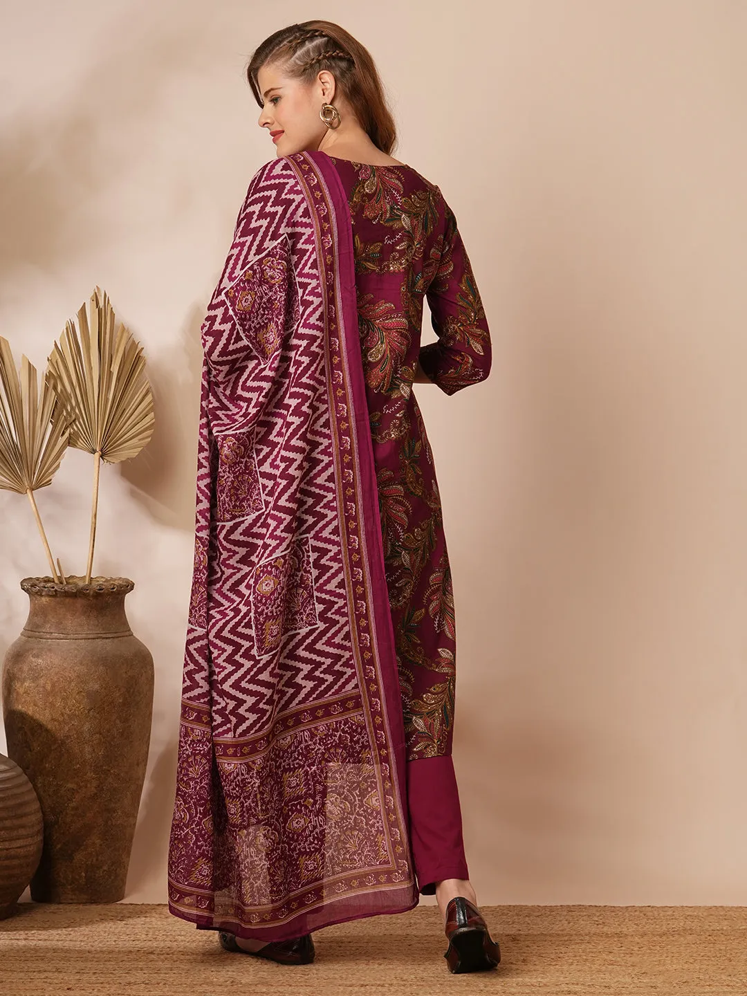 Ethnic Floral Printed & Embroidered Straight Fit Kurta with Pant & Dupatta - Burgundy