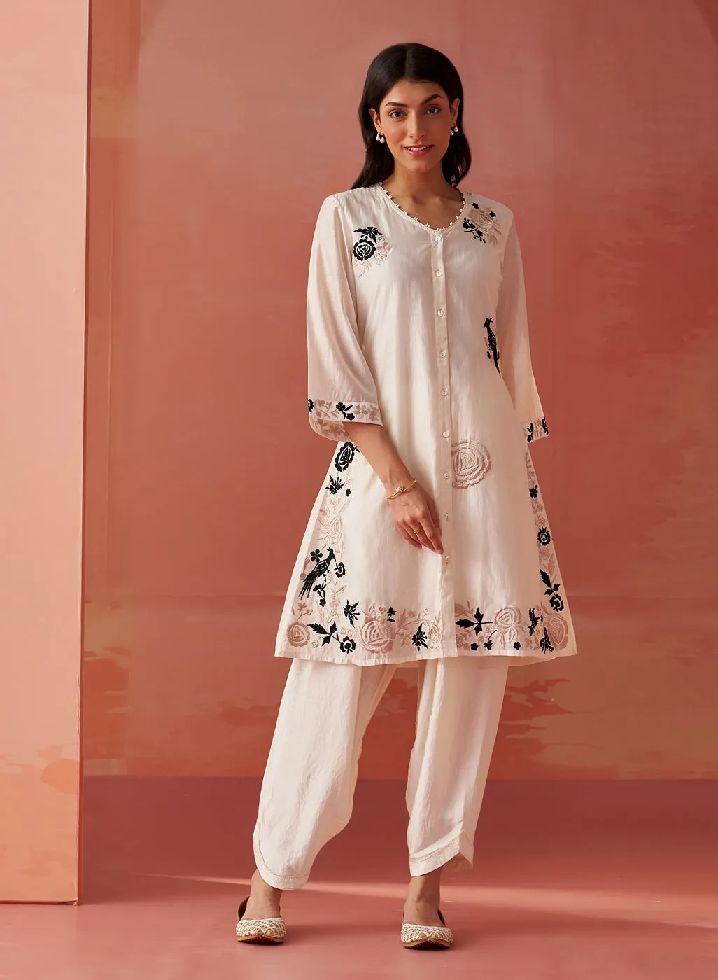 Farida Ivory Embroidered Chanderi Tunic for Women