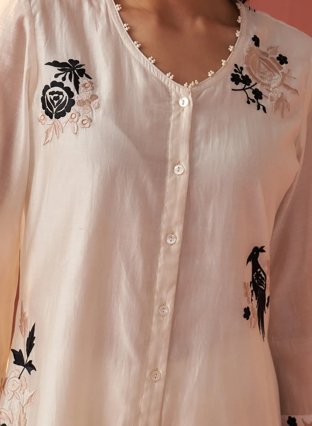 Farida Ivory Embroidered Chanderi Tunic for Women