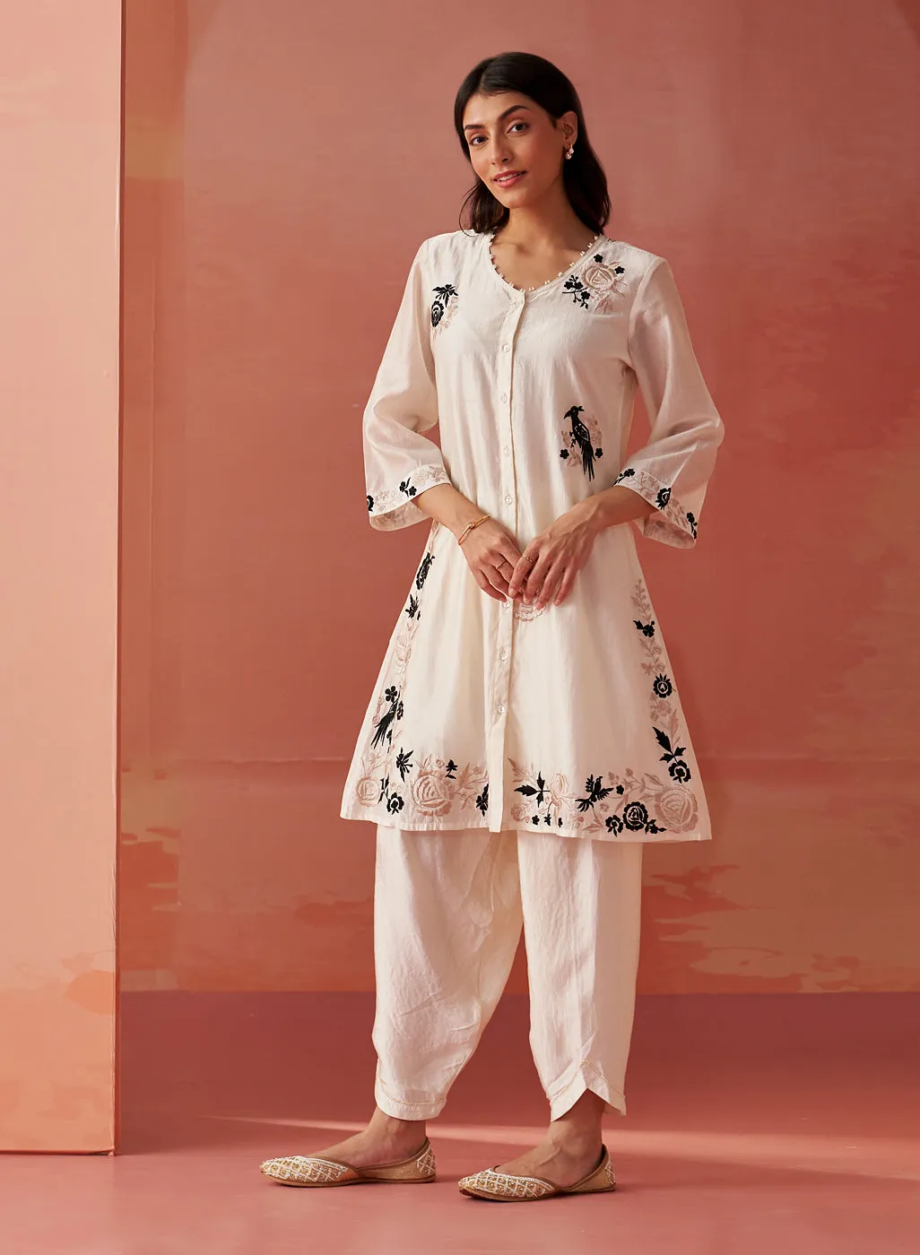 Farida Ivory Embroidered Chanderi Tunic for Women