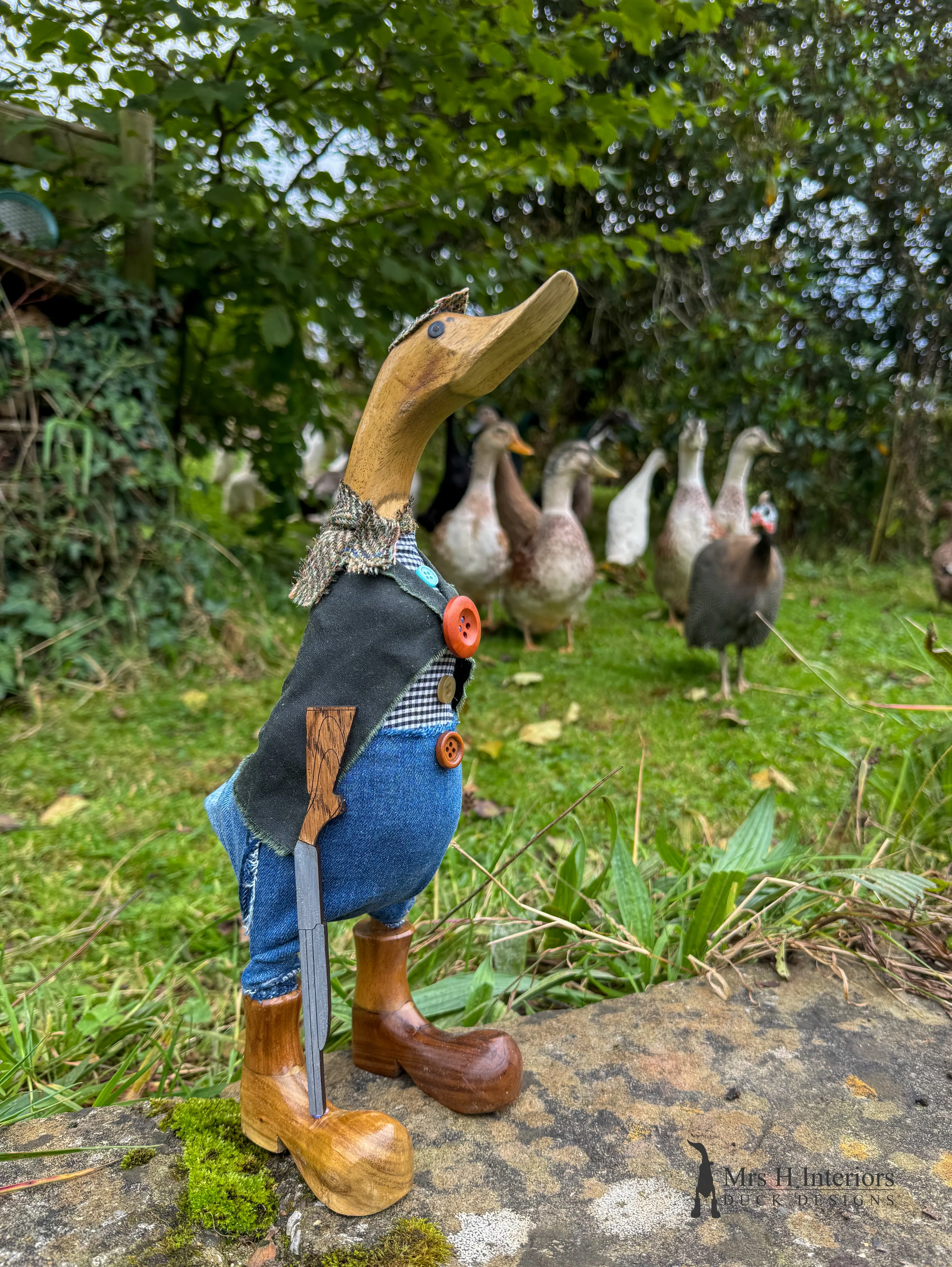 Farmer Giles, wax jacket, jeans and tweed wearing country chap - Decorated Wooden Duck in Boots by Mrs H the Duck Lady