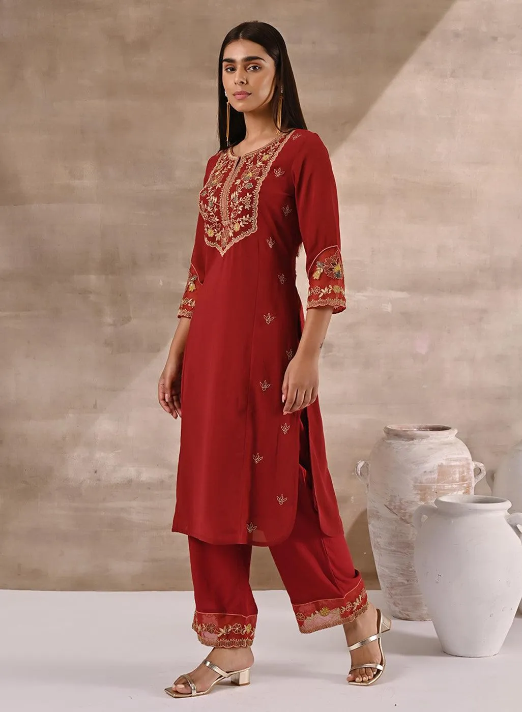 Fuchsia Kurta Set With Embroidery