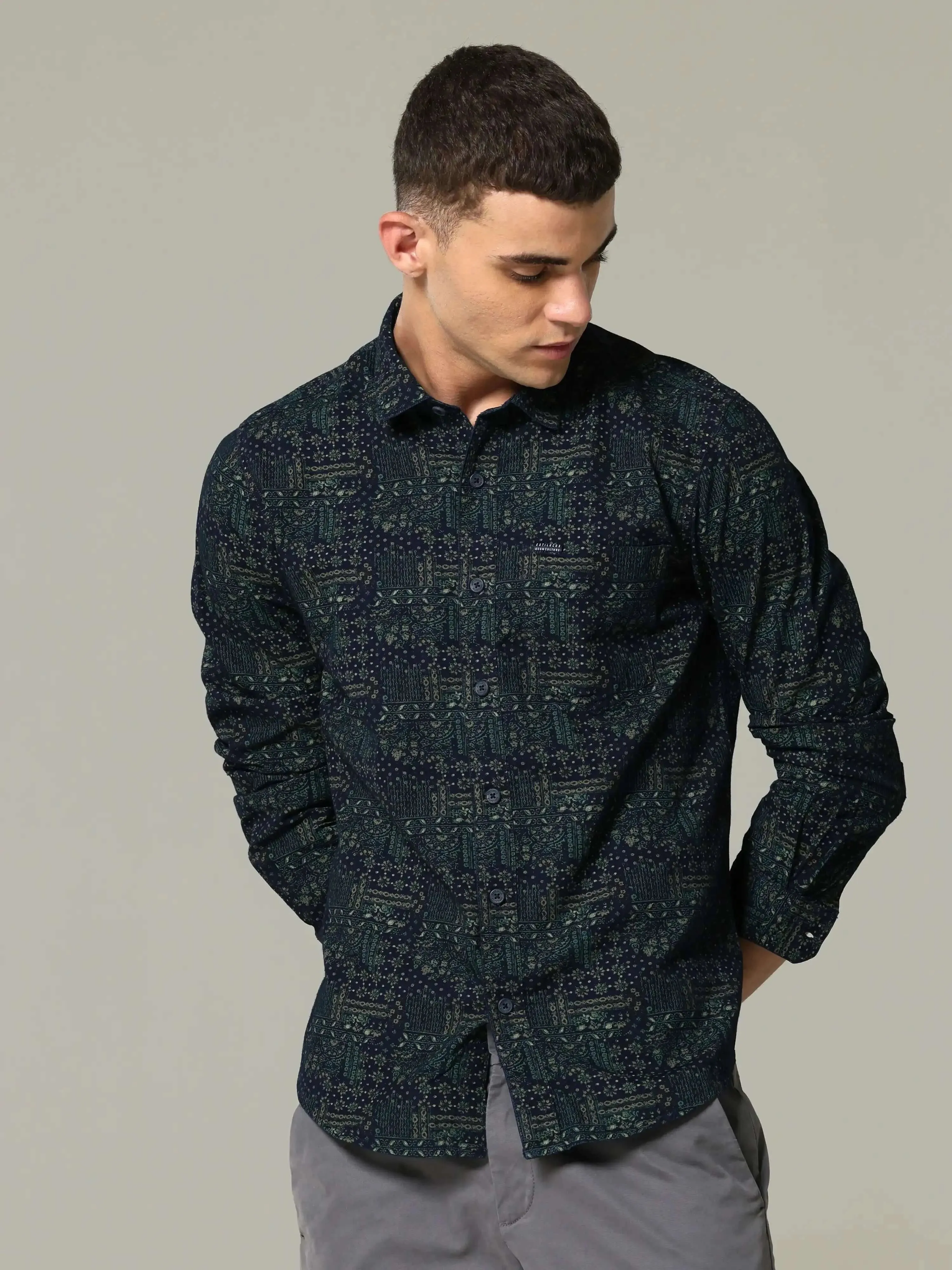 Indigo green floral printed full sleeve casual shirt