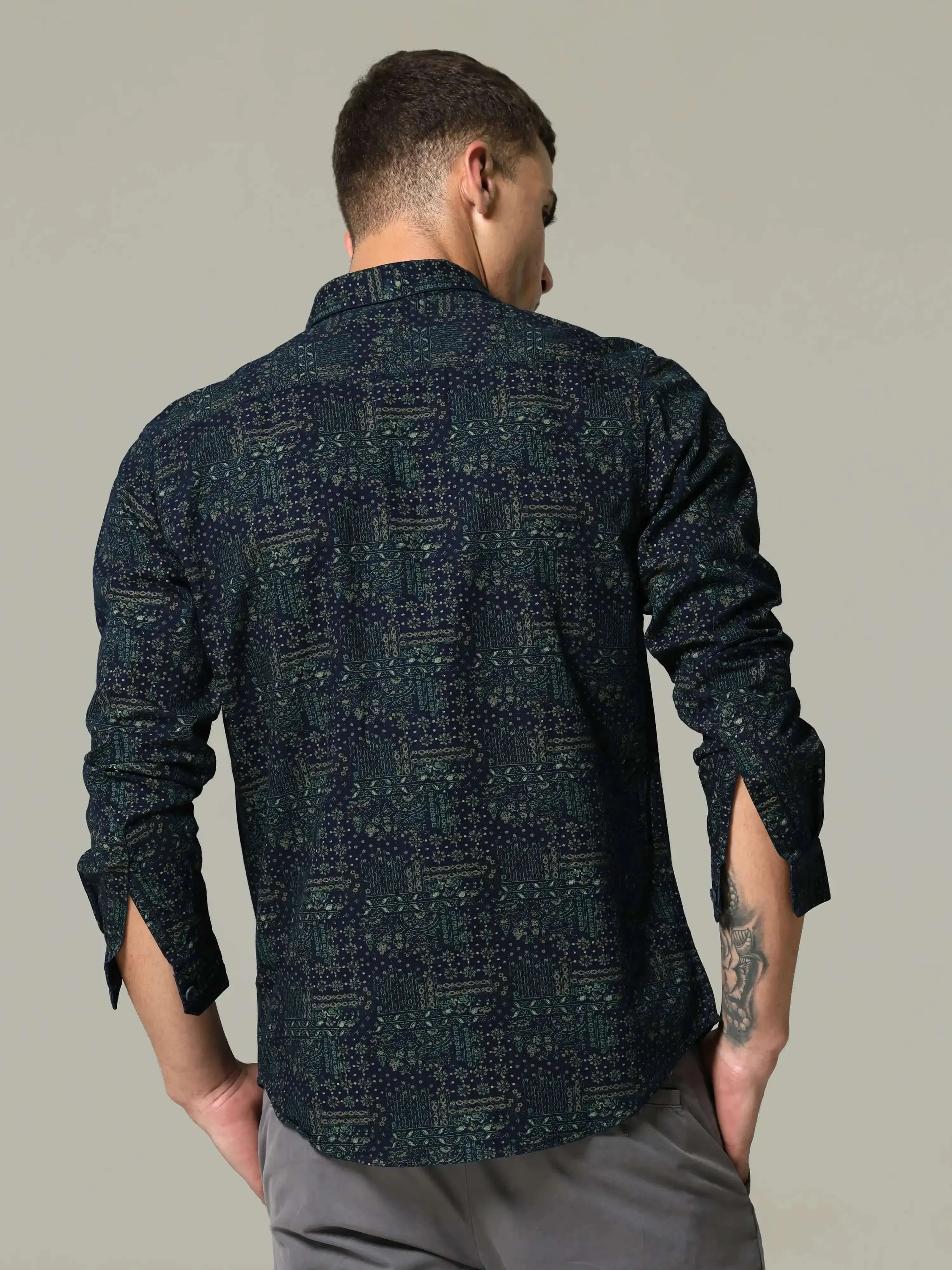 Indigo green floral printed full sleeve casual shirt