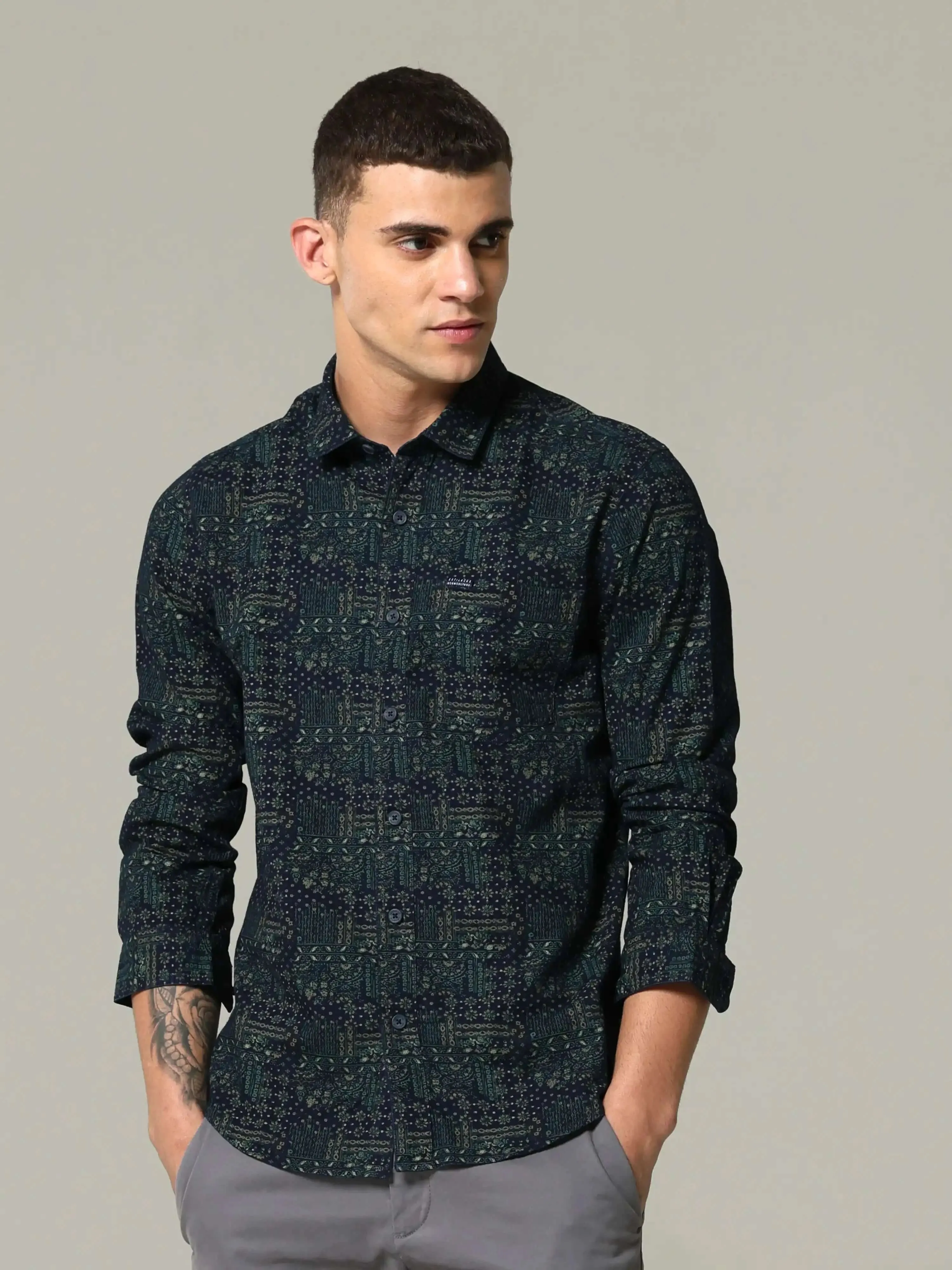 Indigo green floral printed full sleeve casual shirt