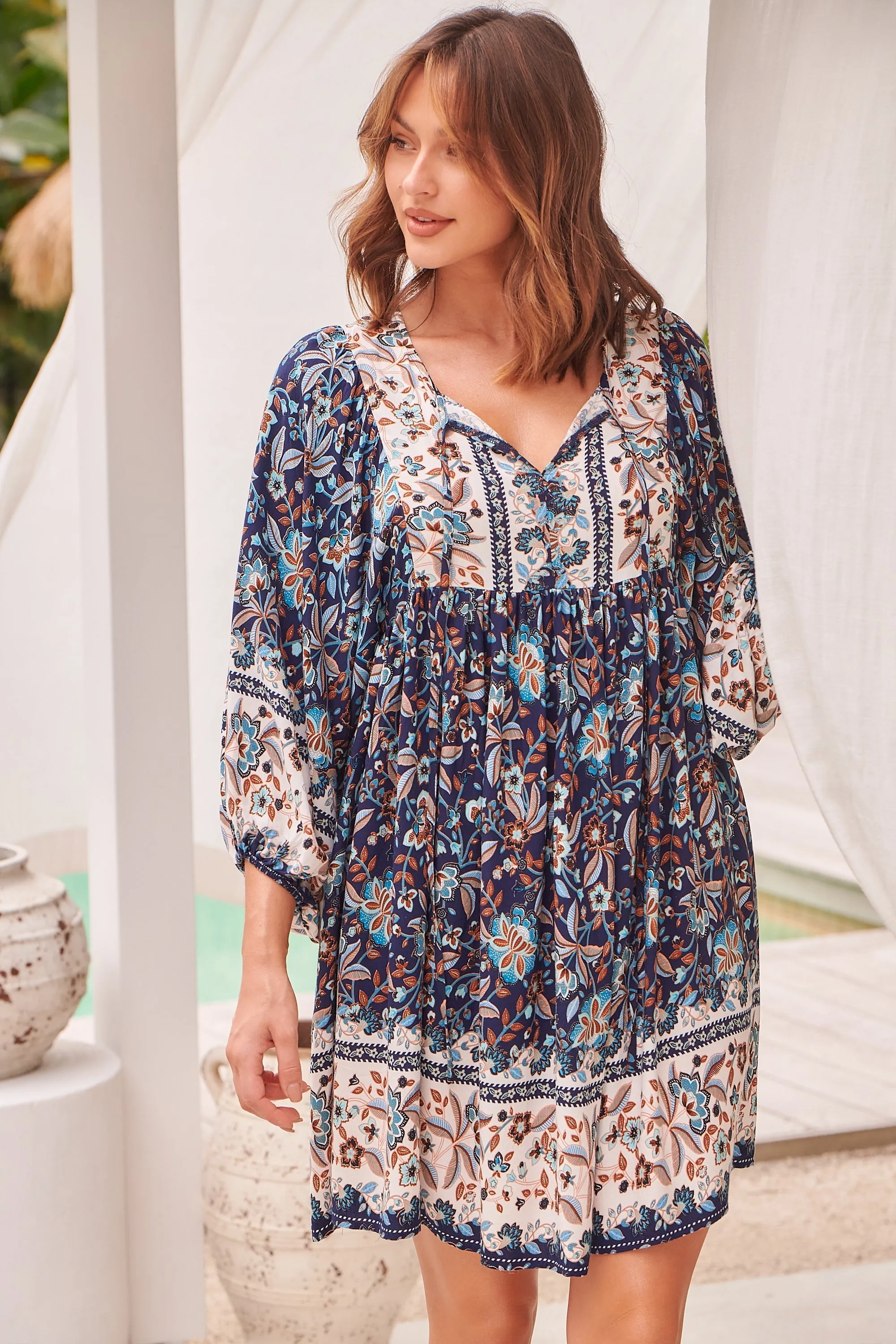 Janis Blue/Brown Floral Boho L/Sleeve Smock Dress