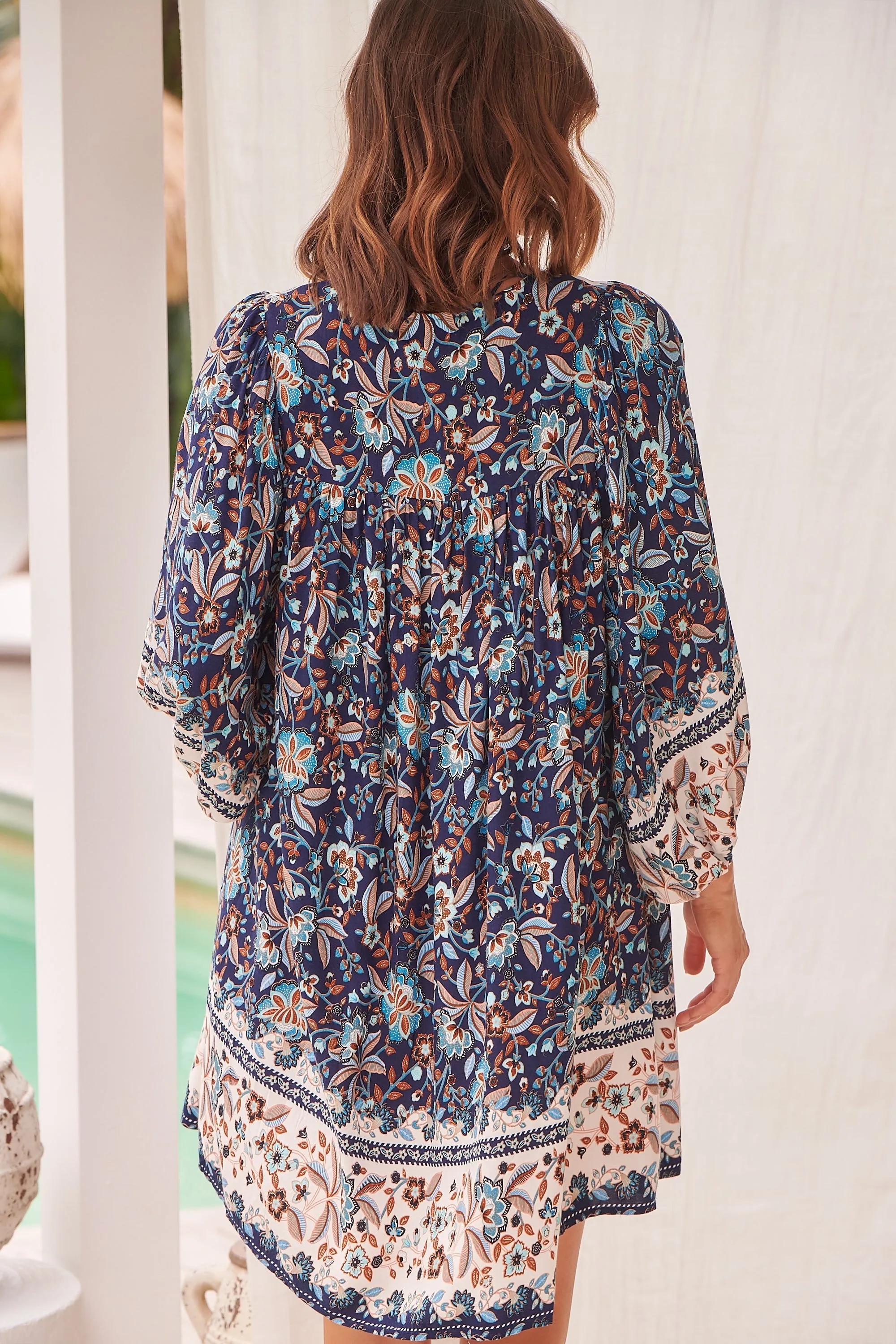 Janis Blue/Brown Floral Boho L/Sleeve Smock Dress