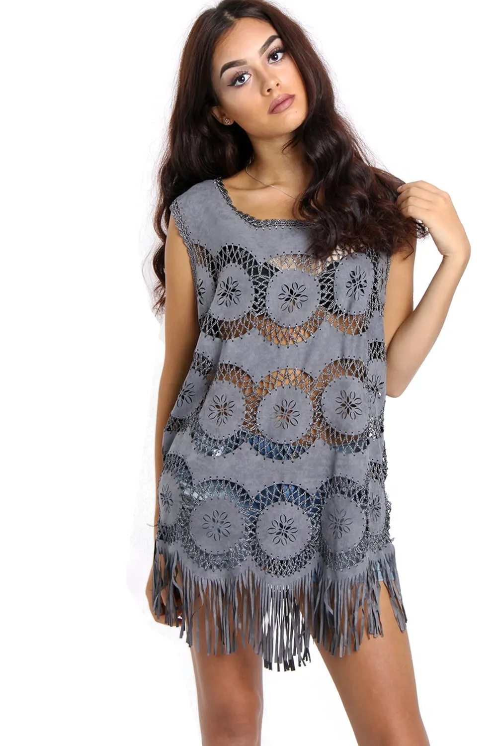 Long Fringe Faux Suede Floral Crochet Tassel Top