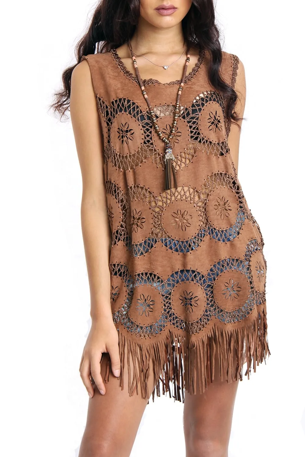 Long Fringe Faux Suede Floral Crochet Tassel Top