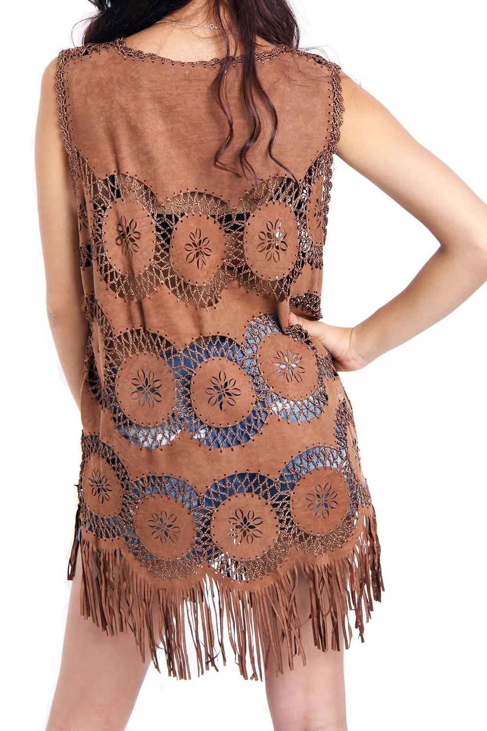 Long Fringe Faux Suede Floral Crochet Tassel Top