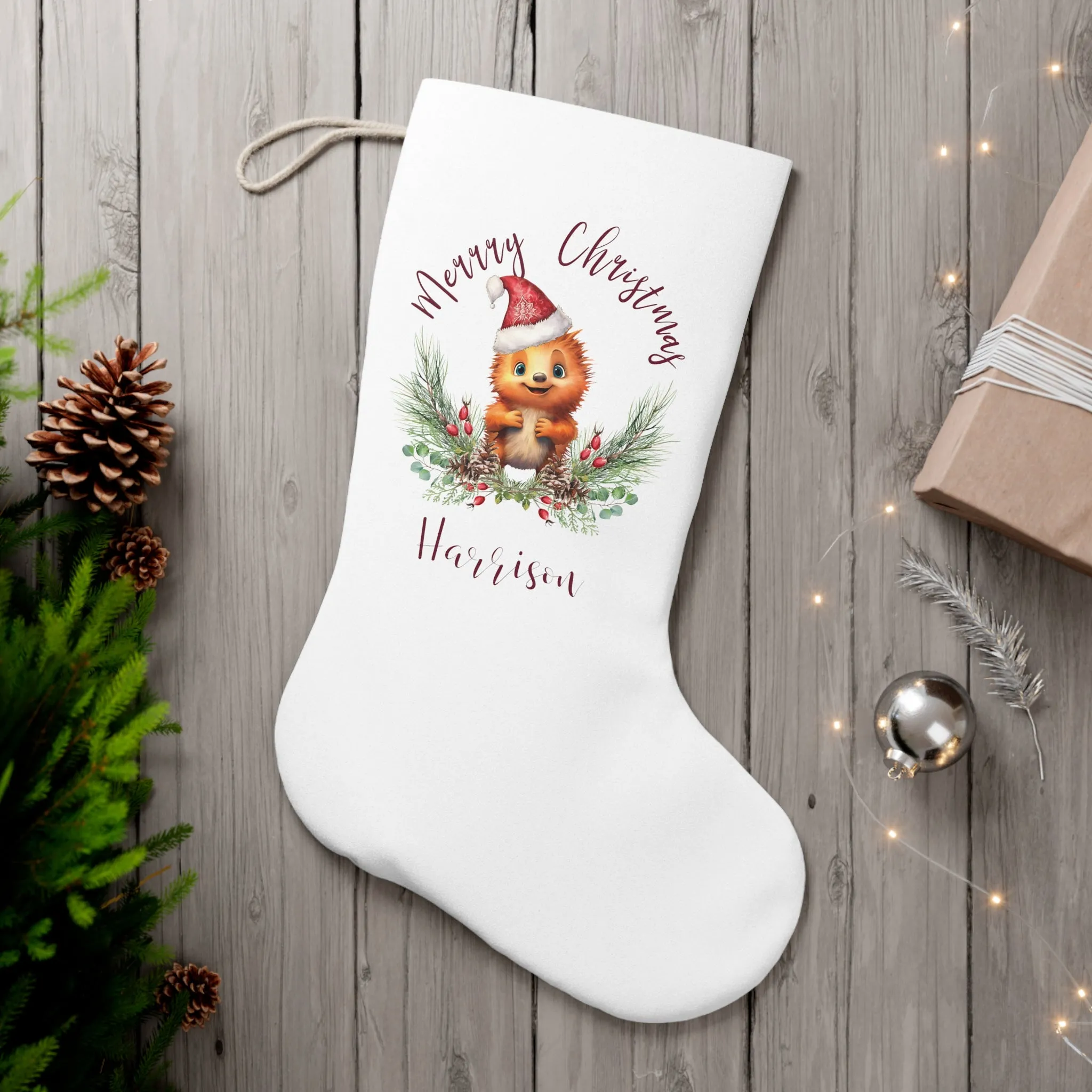 Personalised Santa Stocking, Australian Animals Poinsettia, Echidna