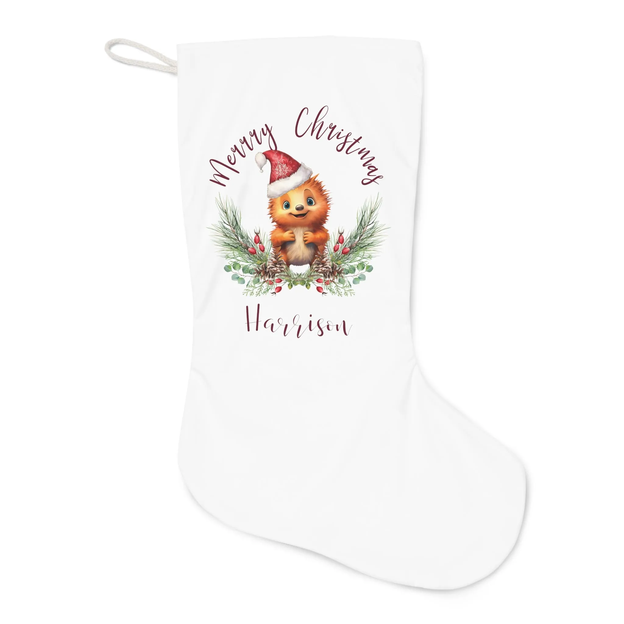 Personalised Santa Stocking, Australian Animals Poinsettia, Echidna