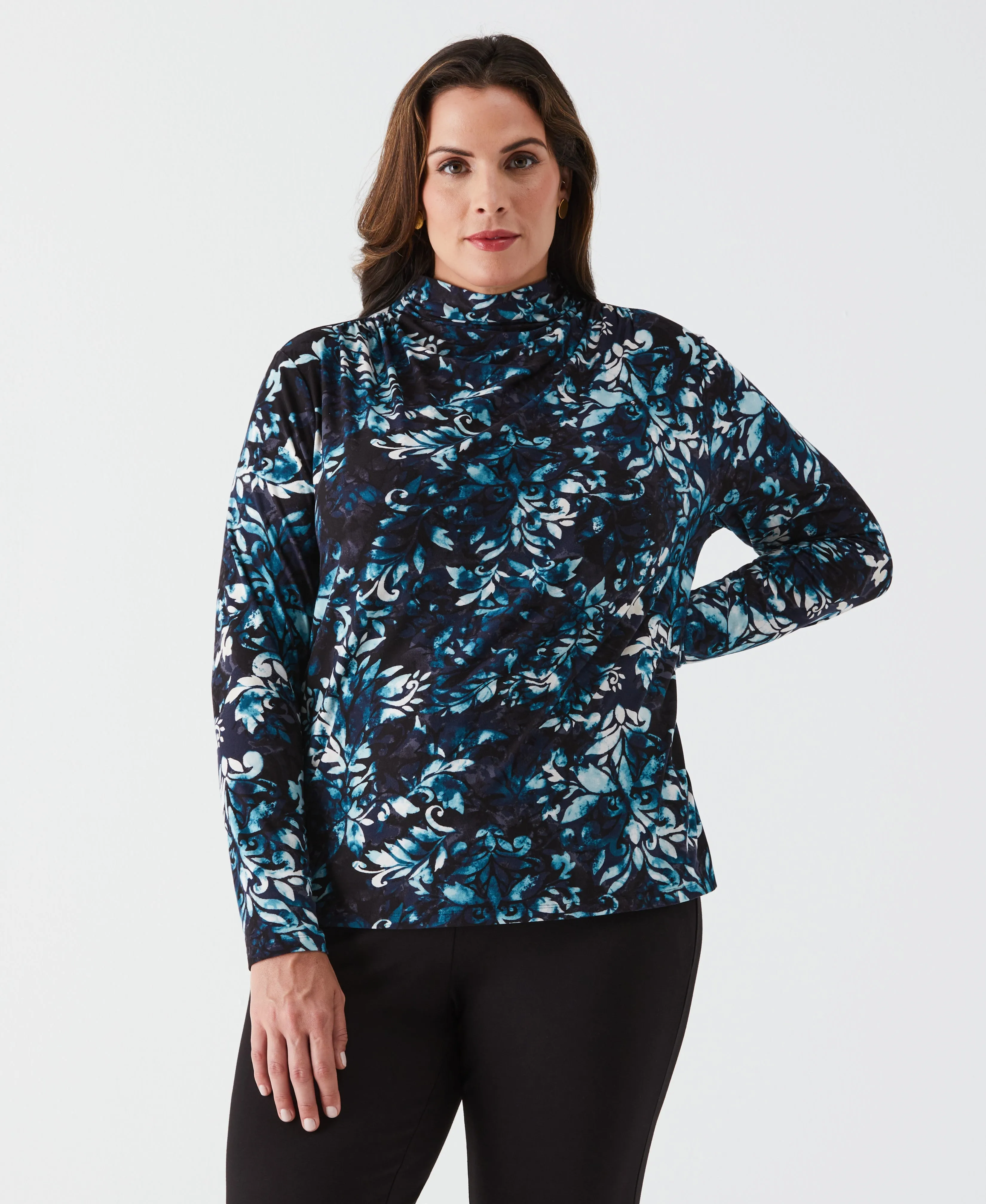 Plus Size Shadow Damask Print Ruched Mock Neck Top