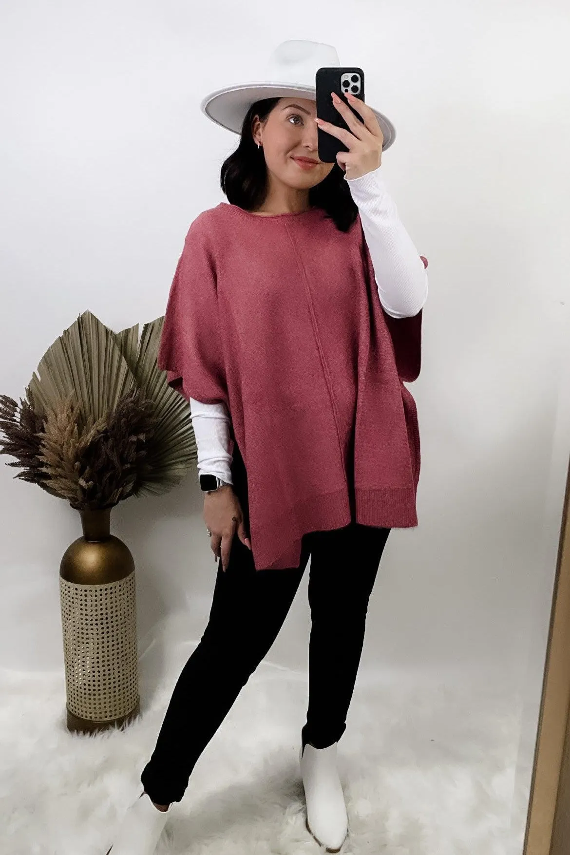 Poncho Average Chick- {Mauve & Brown} Round Neck Poncho Sweater