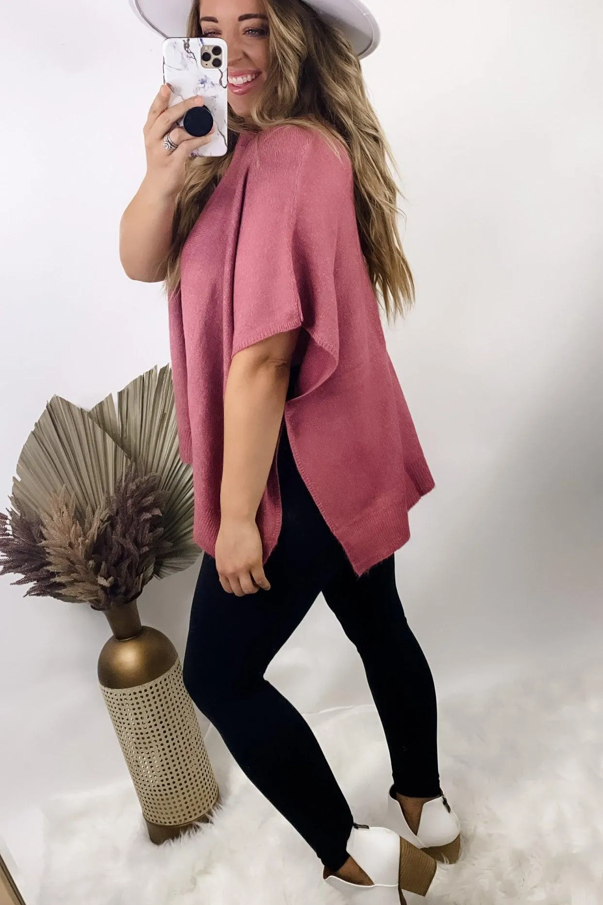 Poncho Average Chick- {Mauve & Brown} Round Neck Poncho Sweater