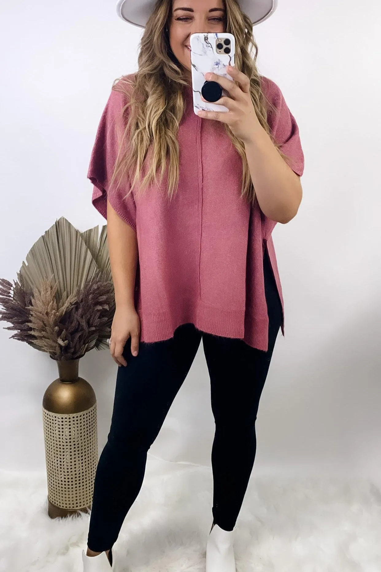 Poncho Average Chick- {Mauve & Brown} Round Neck Poncho Sweater