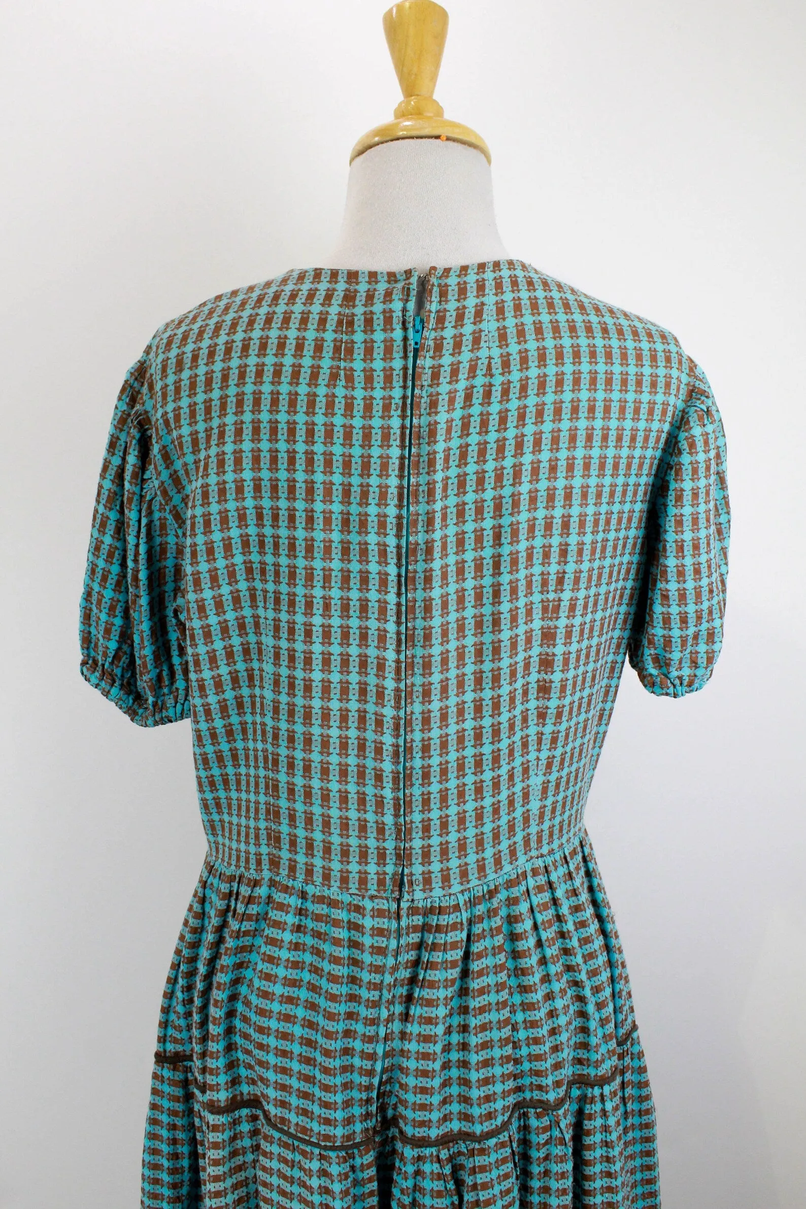 Reproduction 1940s Puff Sleeve Checked Prairie Dress, M-L